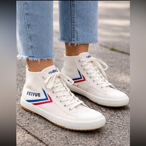 Feiyue Cream High-Tops with Red and Blue Stripes